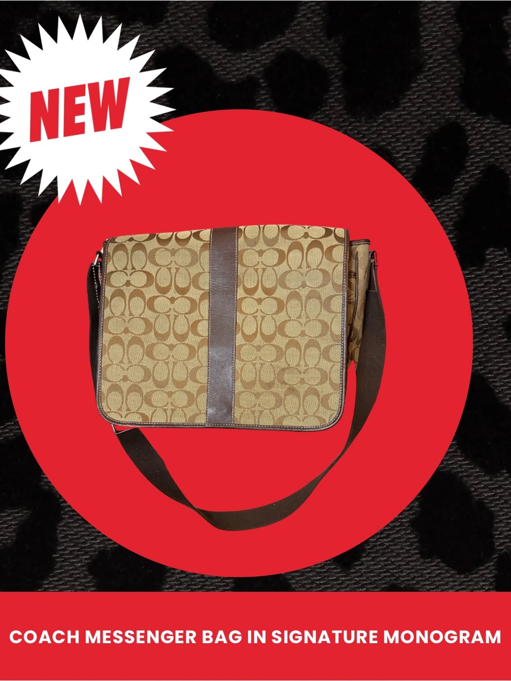 Coach Tan Signature Monogram Messenger Bag with Brown Trim